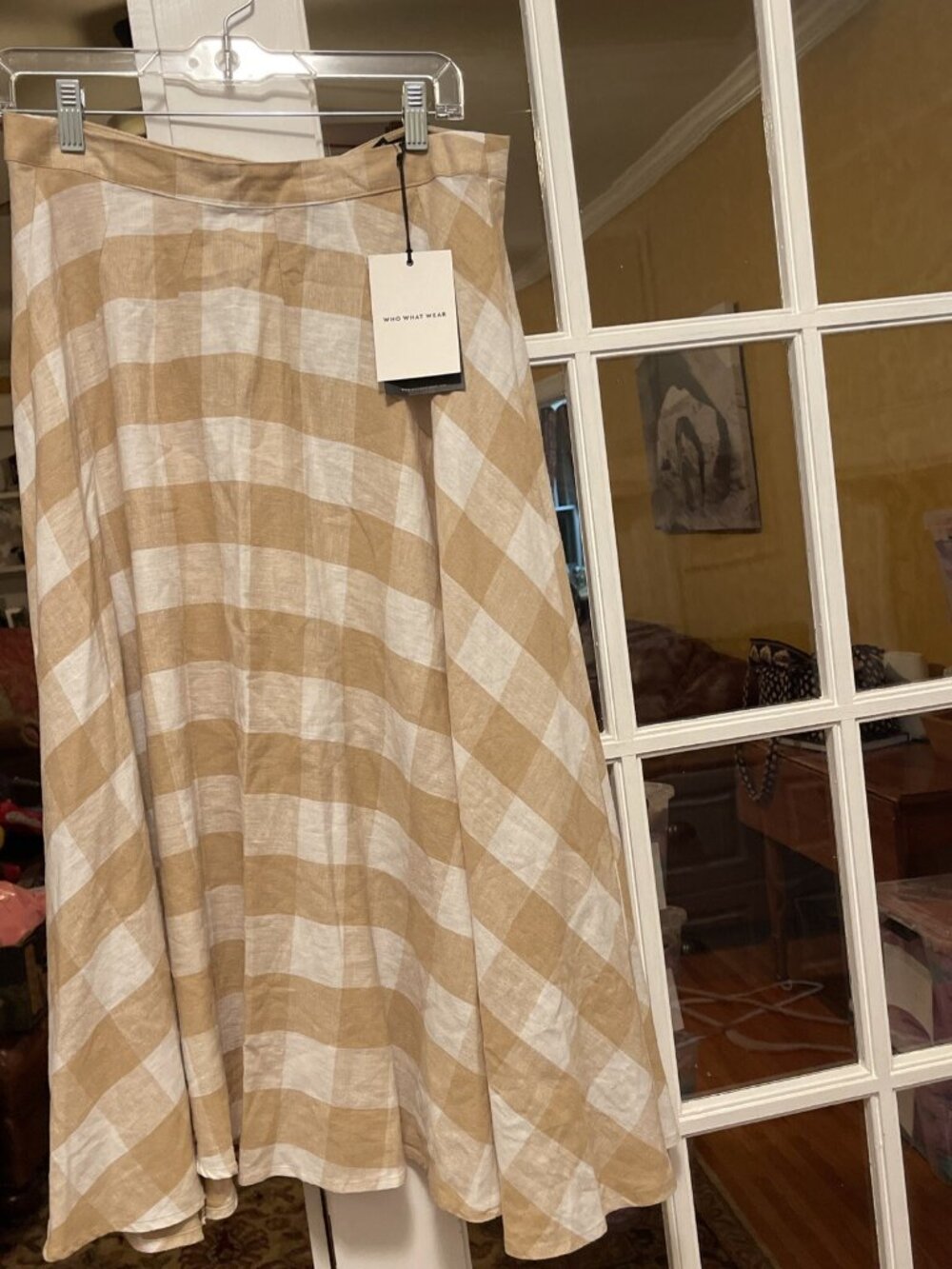 Who What Wear 8 Linen Beige & White Buffalo Plaid A Line Skirt NWT